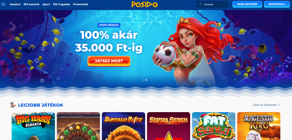 Homepage di Posido Casino con il menu dei giochi e il pulsante di registrazione