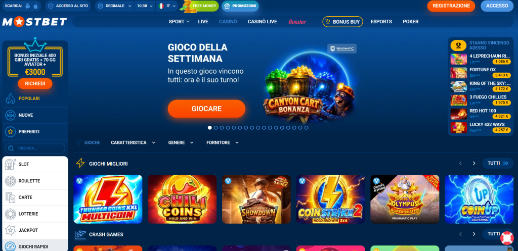 Homepage di Mostbet