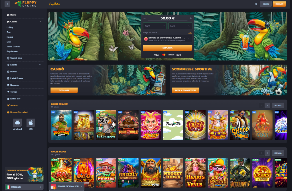 Homepage di Flappy Casino con il design a tema giungla